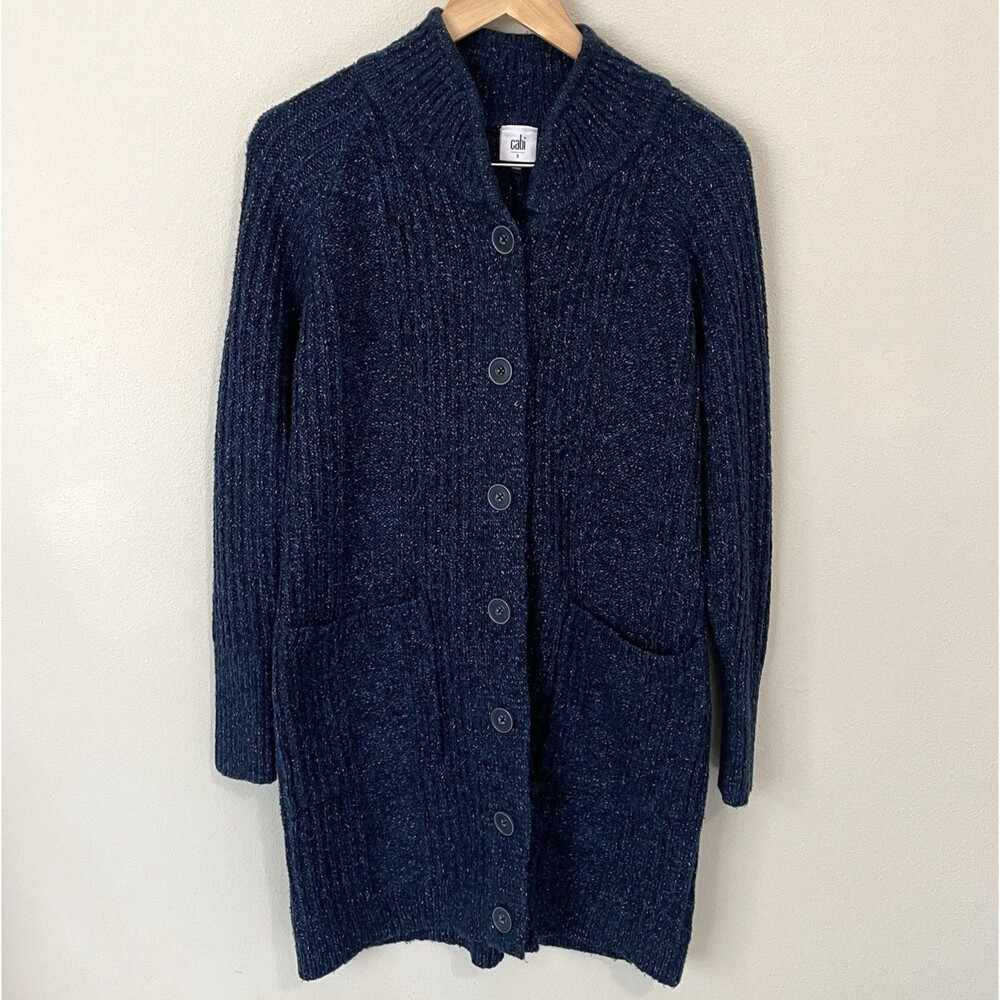 cabi Chunky Knit Long Cardigan Womens S Blue Speckled Button Front Cozy Duster